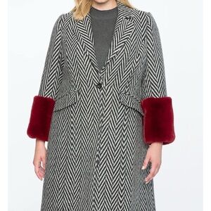 Herringbone Coat with Red Faux Fur Cuffs 22/24 Plus Size